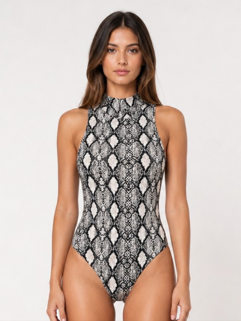Caution To The Wind High-Neck Snake-Print One-Piece - Black & White